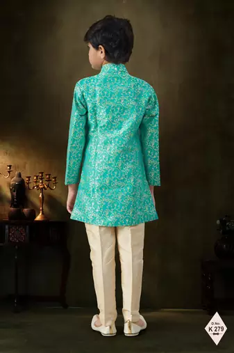 Green dupion silk embroidered indo western set for boys