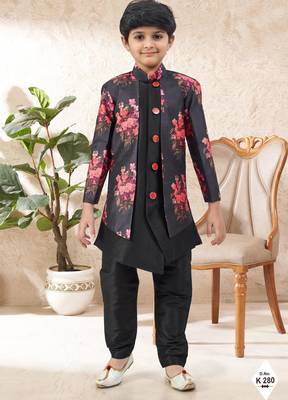 Black dupion silk embroidered indo western set for boys 1