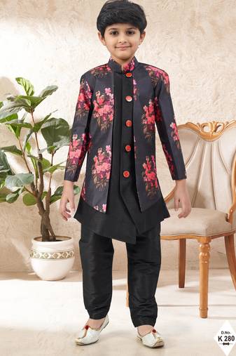 Black dupion silk embroidered indo western set for boys