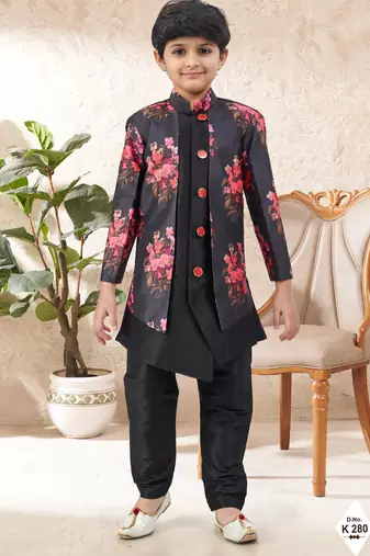 Black dupion silk embroidered indo western set for boys