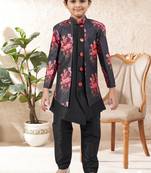 Black dupion silk embroidered indo western set for boys