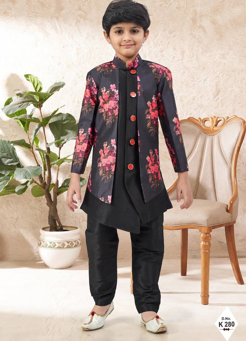 Black dupion silk embroidered indo western set for boys