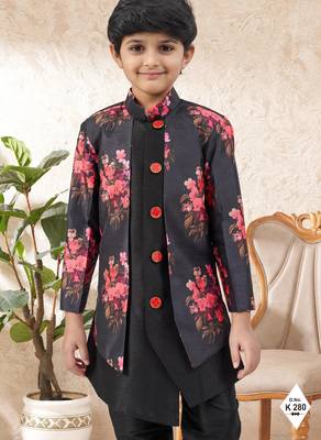 Black dupion silk embroidered indo western set for boys 2