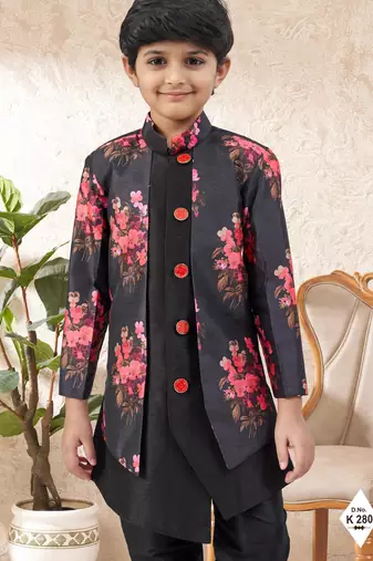 Black dupion silk embroidered indo western set for boys