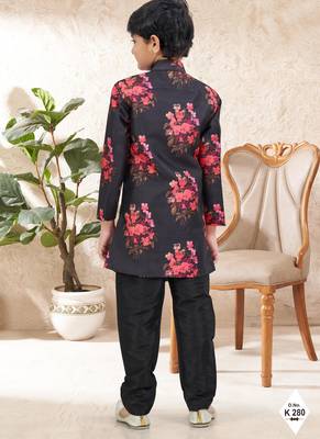 Black dupion silk embroidered indo western set for boys 3