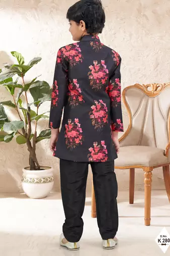 Black dupion silk embroidered indo western set for boys