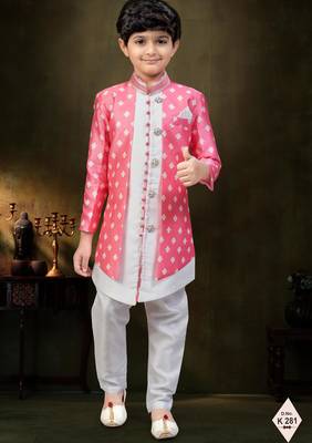 Pink dupion silk embroidered indo western set for boys 1