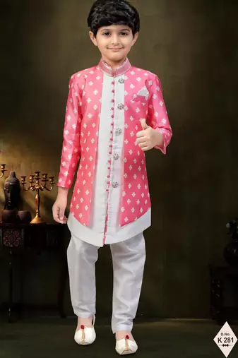 Pink dupion silk embroidered indo western set for boys