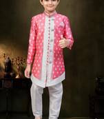 Pink dupion silk embroidered indo western set for boys
