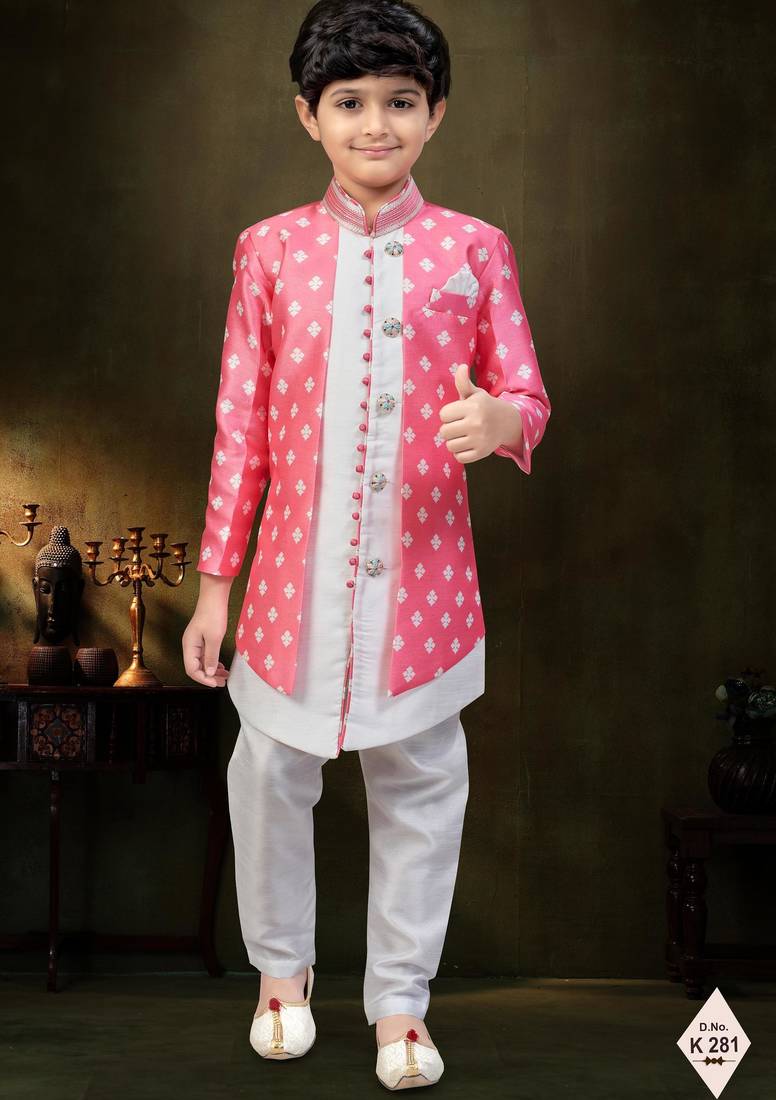 Pink dupion silk embroidered indo western set for boys