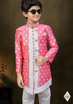 Pink dupion silk embroidered indo western set for boys 2