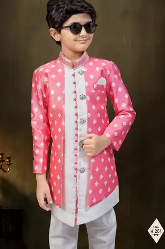 Pink dupion silk embroidered indo western set for boys