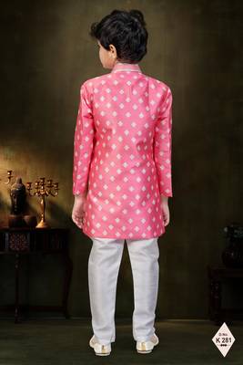 Pink dupion silk embroidered indo western set for boys 3