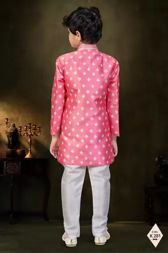 Pink dupion silk embroidered indo western set for boys
