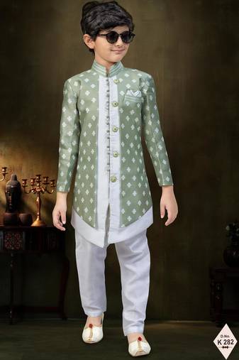 Green dupion silk embroidered indo western set for boys