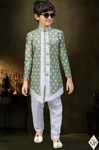 Green dupion silk embroidered indo western set for boys