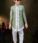 Green dupion silk embroidered indo western set for boys