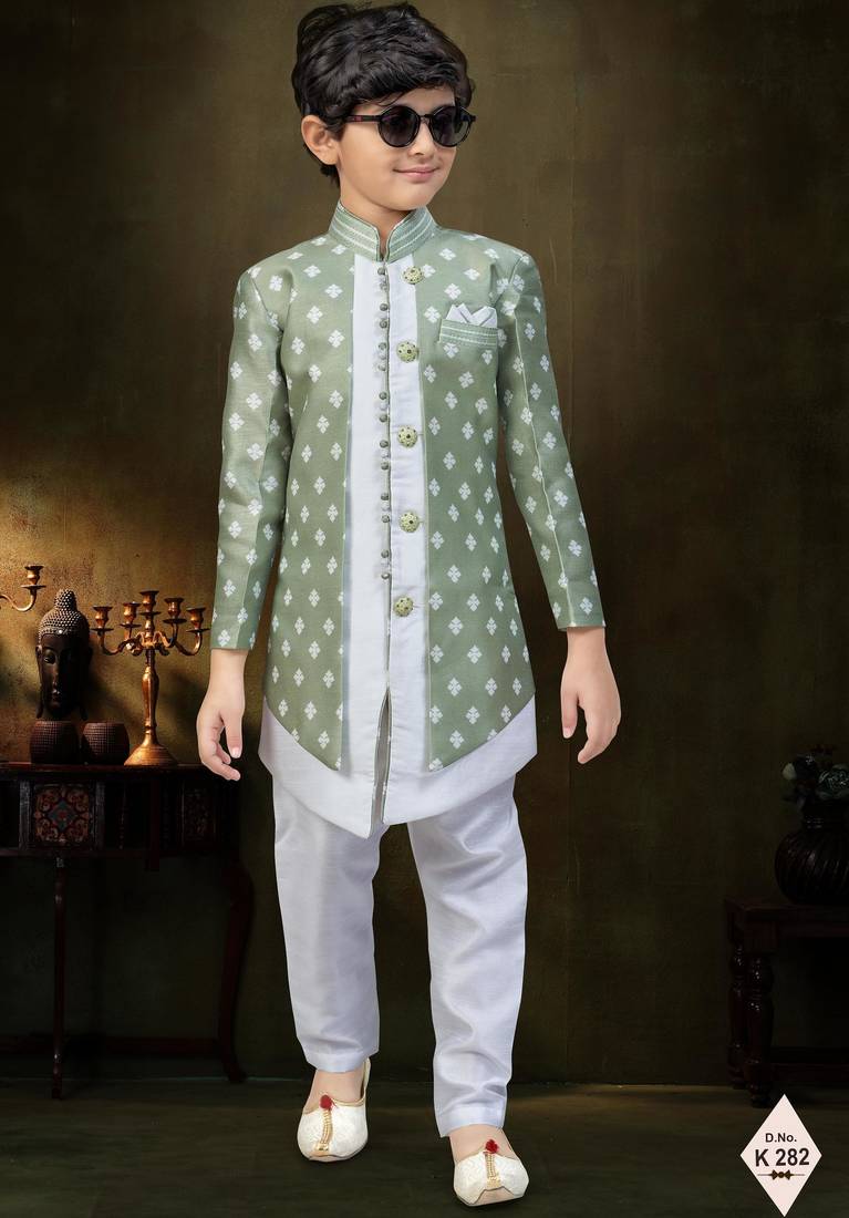 Green dupion silk embroidered indo western set for boys