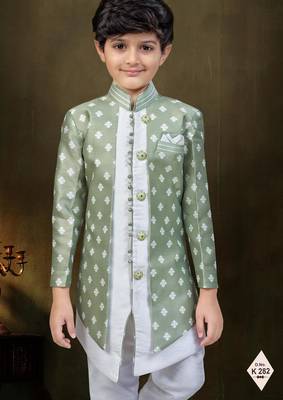 Green dupion silk embroidered indo western set for boys 2