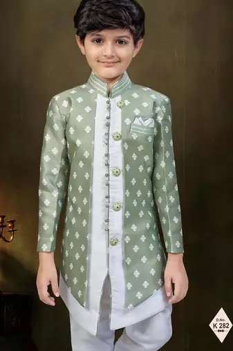 Green dupion silk embroidered indo western set for boys