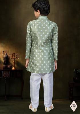 Green dupion silk embroidered indo western set for boys 3