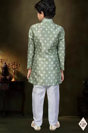 Green dupion silk embroidered indo western set for boys