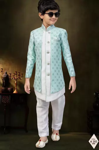 Green dupion silk embroidered indo western set for boys
