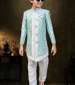 Green dupion silk embroidered indo western set for boys