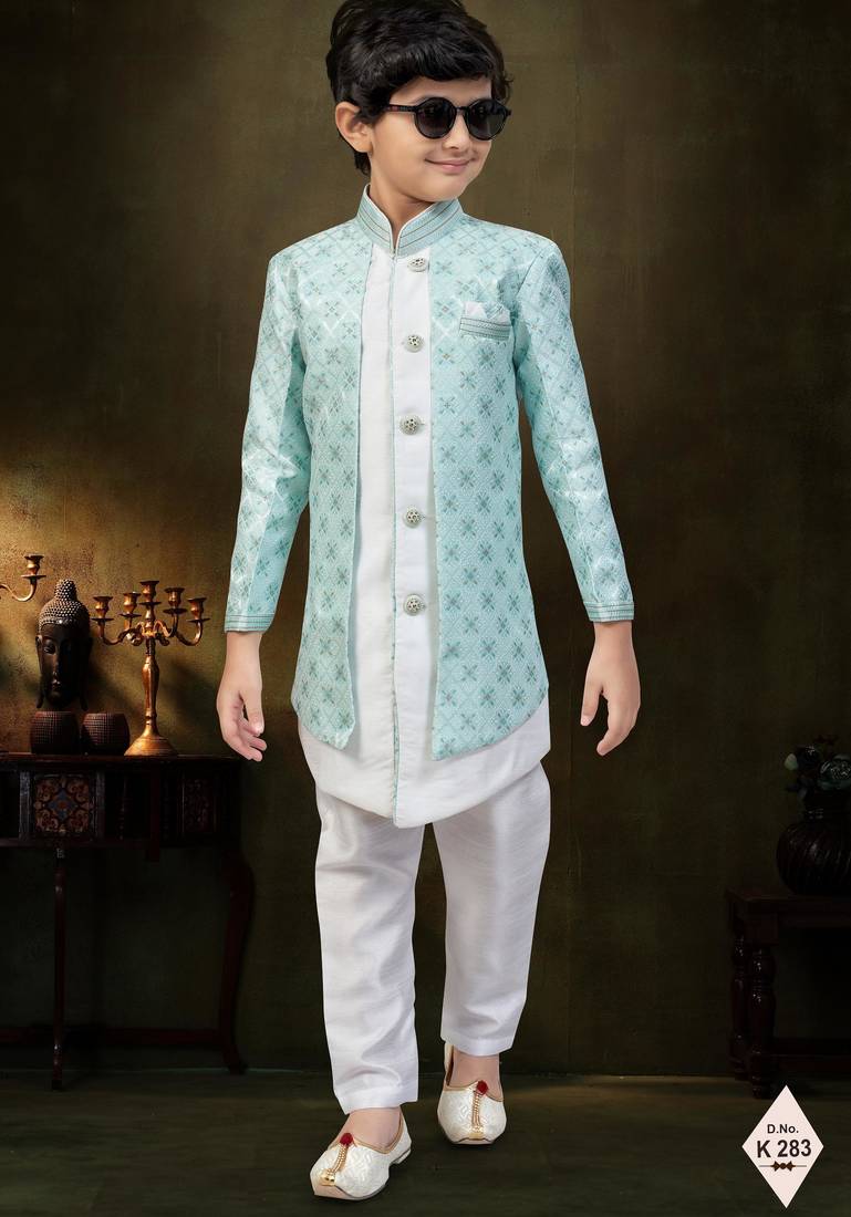 Green dupion silk embroidered indo western set for boys