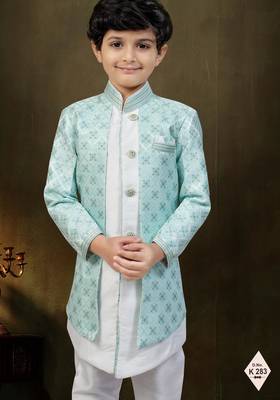 Green dupion silk embroidered indo western set for boys 2