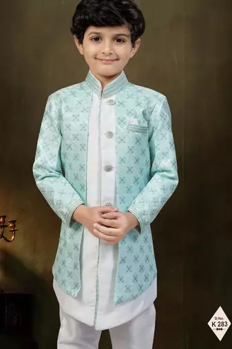 Green dupion silk embroidered indo western set for boys