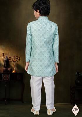 Green dupion silk embroidered indo western set for boys 3