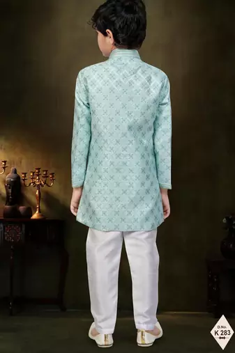 Green dupion silk embroidered indo western set for boys
