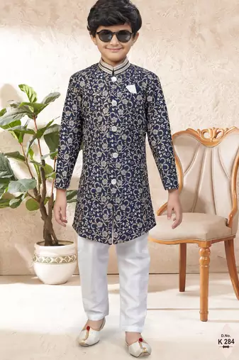 Blue dupion silk embroidered indo western set for boys