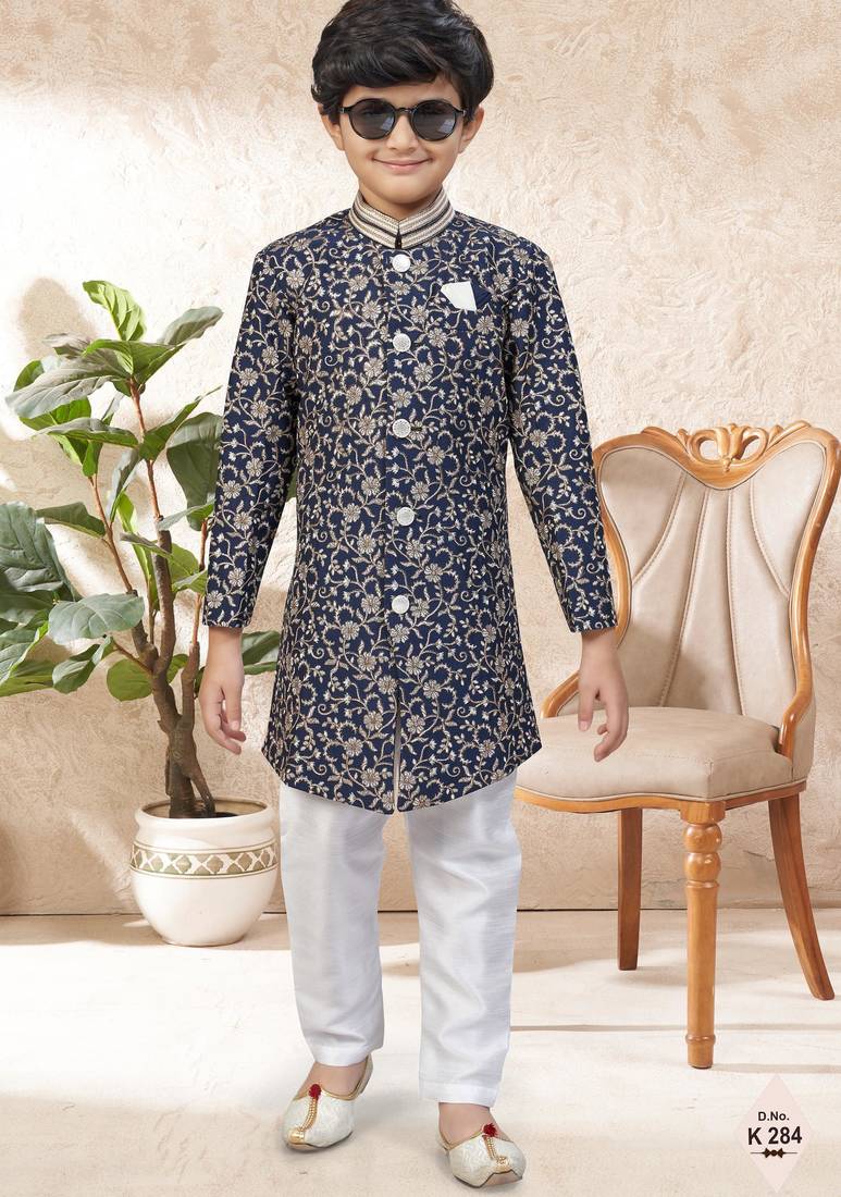 Blue dupion silk embroidered indo western set for boys