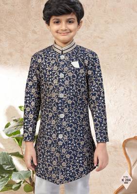 Blue dupion silk embroidered indo western set for boys 2