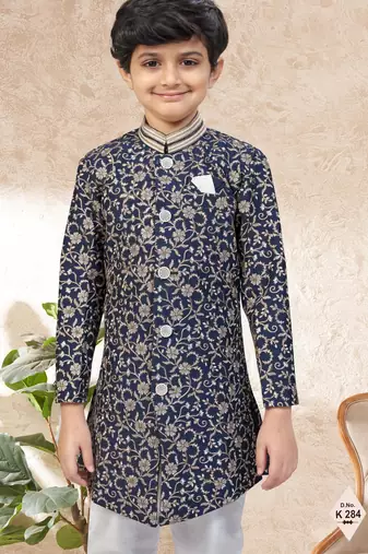 Blue dupion silk embroidered indo western set for boys