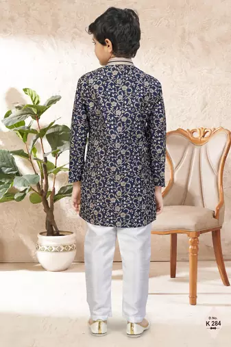 Blue dupion silk embroidered indo western set for boys