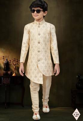 Yellow dupion silk embroidered indo western set for boys 1