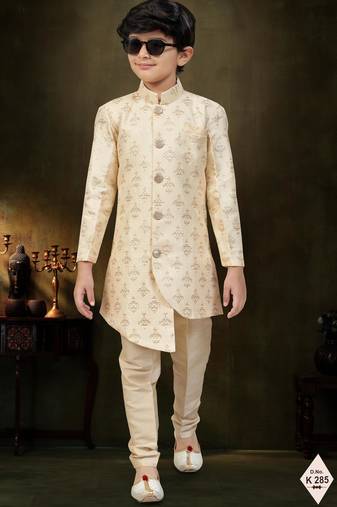 Yellow dupion silk embroidered indo western set for boys