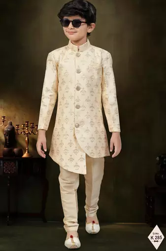 Yellow dupion silk embroidered indo western set for boys