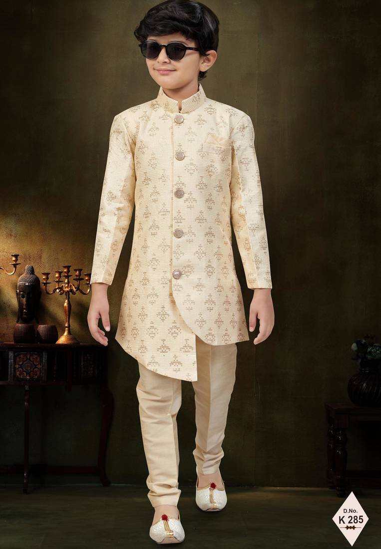 Yellow dupion silk embroidered indo western set for boys
