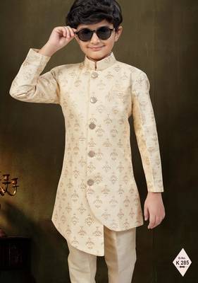 Yellow dupion silk embroidered indo western set for boys 2