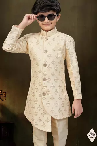 Yellow dupion silk embroidered indo western set for boys