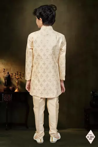 Yellow dupion silk embroidered indo western set for boys