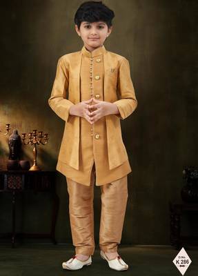 Gold dupion silk embroidered indo western set for boys 1