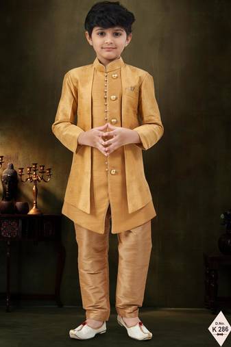 Gold dupion silk embroidered indo western set for boys