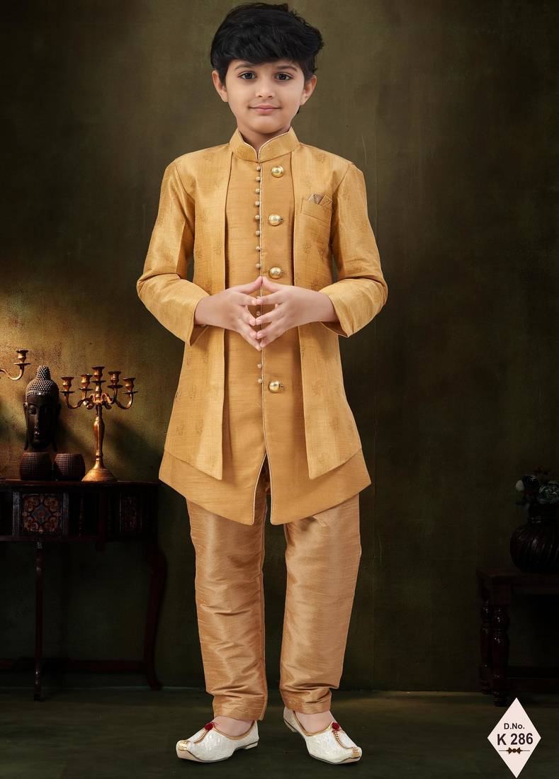 Gold dupion silk embroidered indo western set for boys