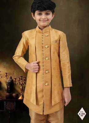 Gold dupion silk embroidered indo western set for boys 2