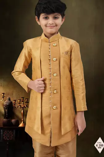 Gold dupion silk embroidered indo western set for boys